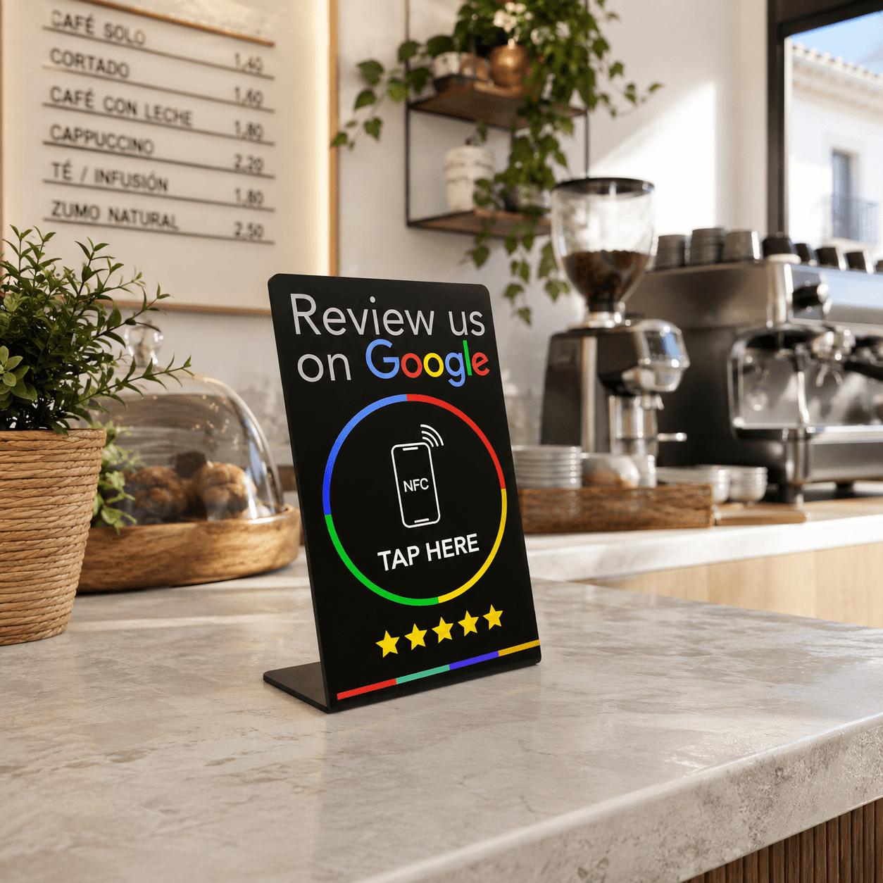 Soporte metálico EasyTap con NFC para reseñas de Google en un café